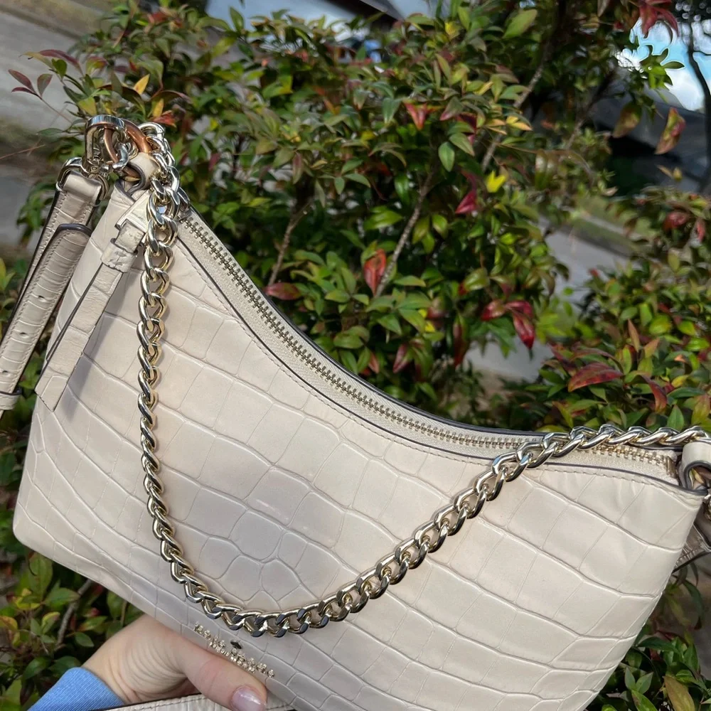 KATE SPADE Ivory Croc Embossed Hobo Baguette Shoulder Bag Crossbody